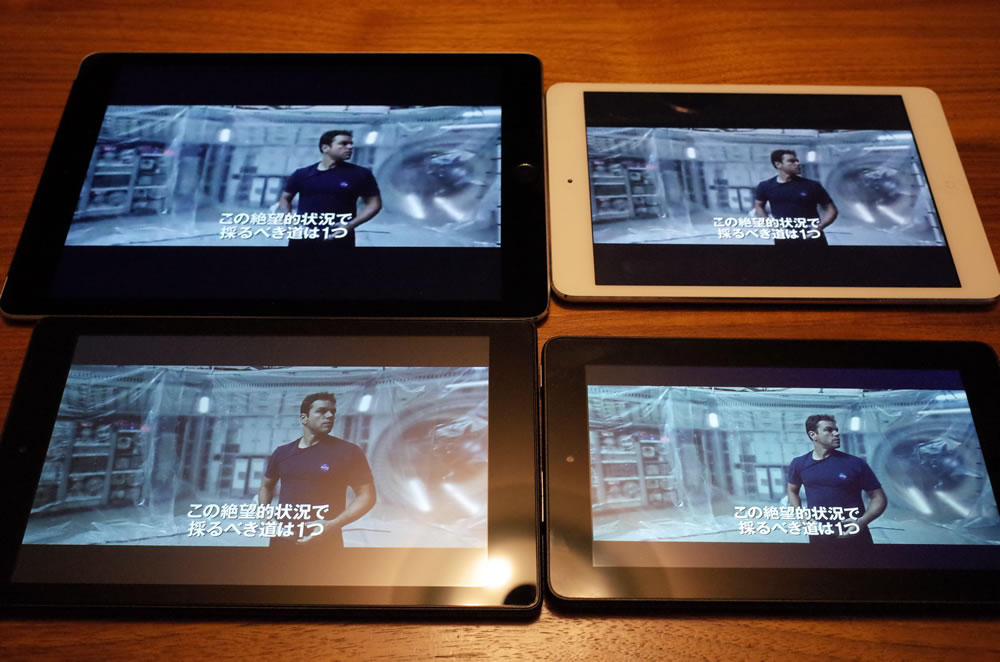 iPad air3（9.7インチ）、iPad mini2（7.9インチ）、Fire HD 8（8インチ）、Fire（7インチ）の比較
