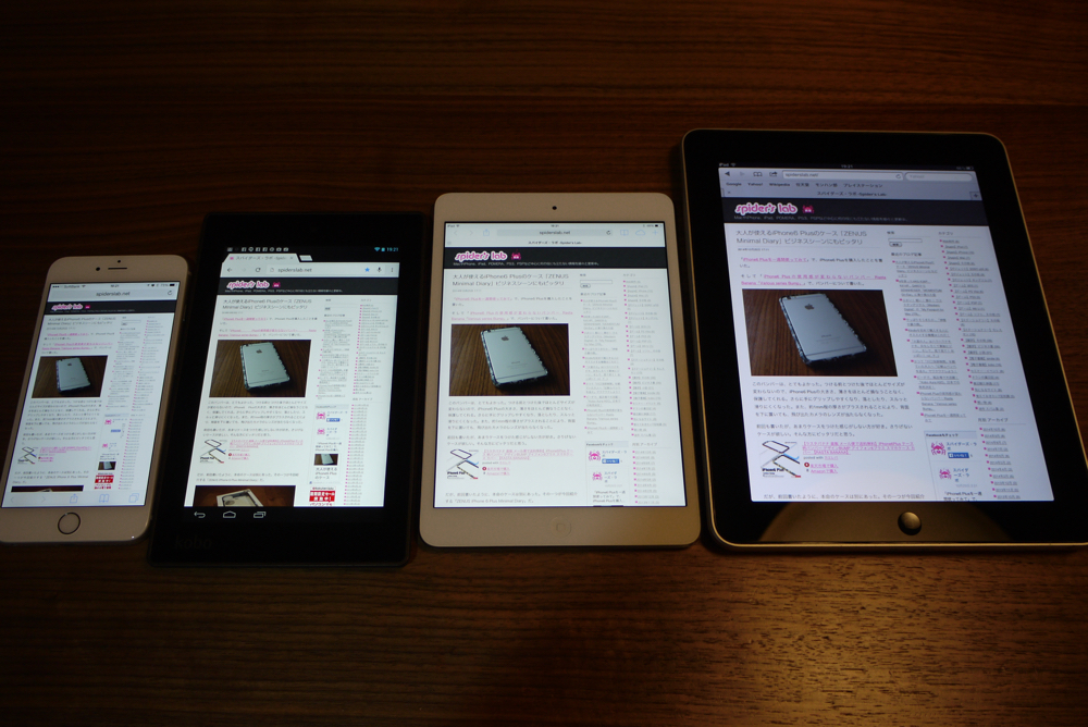 iPhone6 Plus、Kobo Arc 7HD、iPad mini2、iPad（初代）の大きさ比較