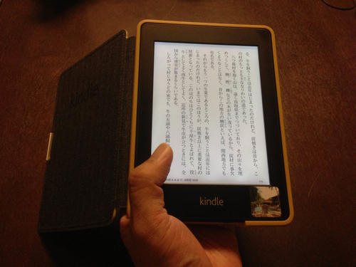 Amazon「Kindle Paperwhite用レザーカバー」を左手で持つ
